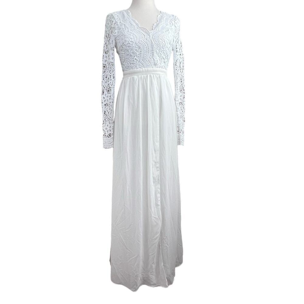 BEAUTIFUL MANIJU Ivory Lace Sheer Gown Long Sleeve Open Back Maxi Small